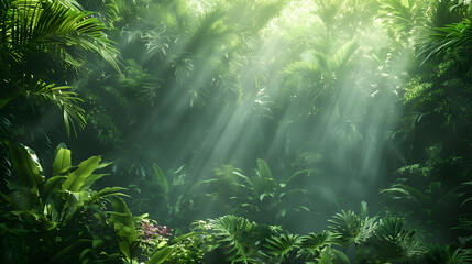 A lush, dense jungle with sunlight filtering through the green leaves © ZAY WIN HTAI