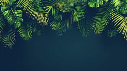  A dark blue background with a green leafy border on the left side and a green leafy background