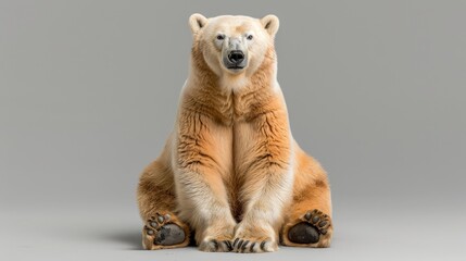  A polar bear gazes sadly at the camera from a gray backdrop, balanced on its hind legs