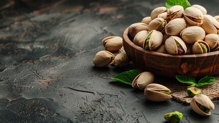  A wooden bowl, brimming with pistachios, sits atop a piece of cloth Nearby, a separate cup holds additional pistachios on a weathered wooden table