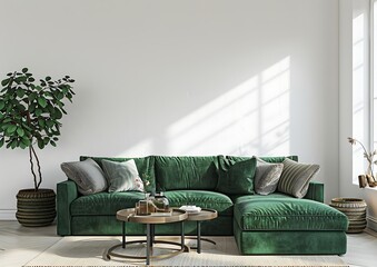Modern interior design of a living room with a green sofa and coffee table against a white wall mock up