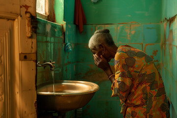 Elderly African woman in the bathroom, washing her face to start her day