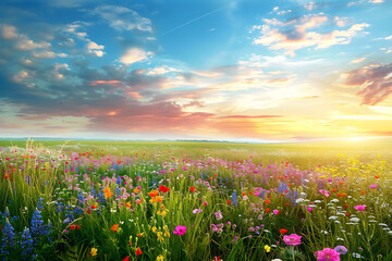 Obraz premium A field of flowers against a background of a beautiful sky.