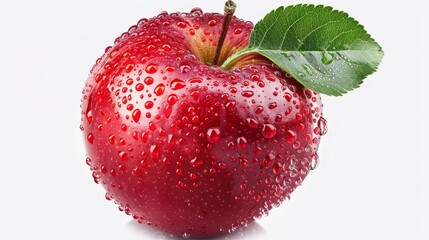  A red apple with a green leaf against a white backdrop, featuring water drops atop and below its bottom half
