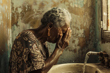 Elderly African woman washes her face in the bathroom, ready for a new day