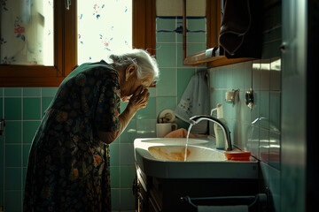Elderly Argentine woman, Morning sun, Bathroom sink, Washing face, Just awake, Window light, Senior woman, Daily routine, Fresh start, Hygiene care, Natural beauty, Sunlit bathroom, Morning ritual, Ag