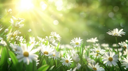  A scene of several daisies in the foreground, nestled among the blades of grass Behind them, sun rays filter through tree branches in the backdrop, while the grass