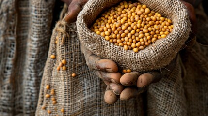  A person holds a sack of beans in each hand, facing a sack of beans labeled burro's beans or burro's burrows