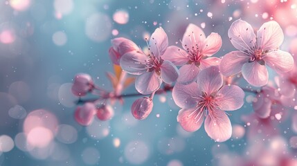  A tight shot of a pink bloom on a branch, adorned with dewdrops on its petals Surrounding background softly blurred in hues of blue and pink