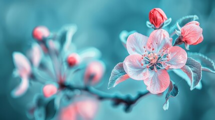  A tight shot of a bloom on a branch, surrounded by leaves and nearby flowers in sharp focus Background softly blends with hues of blue and pink flowers