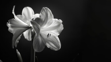  A monochrome image of a solitary flower in a vase against a backdrop of black, its petals kissed by water droplets
