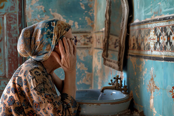 elderly European woman, just awake, washes her face in the sink of her humble bathroom, getting ready to start her day