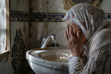 elderly Muslim woman, just awake, washes her face in the bathroom sink, preparing to start her day