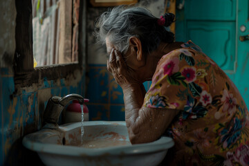 elderly woman from latin america, just awake, washes her face in the bathroom sink, preparing to start her day