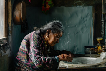 elderly woman from peru, just awake, washes her face in the bathroom sink, getting ready to start her day