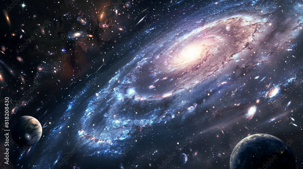 Poster vast galaxy with swirling stars and planets in deep space. ideal for sci-fi and astronomy-themed bac