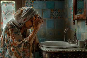 elderly woman of Arab origin, just awake, washes her face in the bathroom sink, preparing to start her day