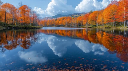 The vibrant colors of autumn leaves reflected in a still, mirror-like lake