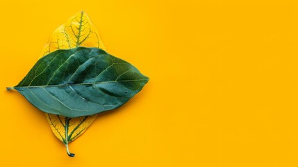  A green leaf on a yellow surface, next to another green leaf on a green one Both atop separate surfaces