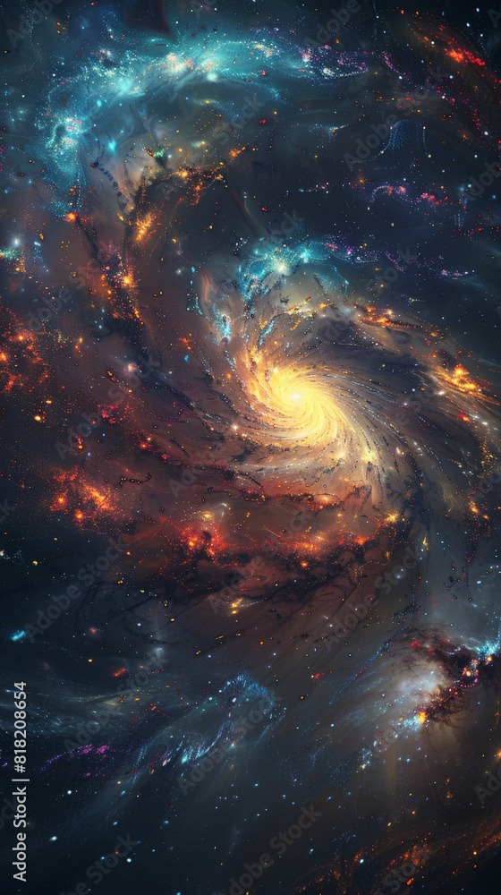 Poster whirlpool galaxy with bright core and colorful dust lanes. cosmic phenomenon for fantasy and sci-fi 