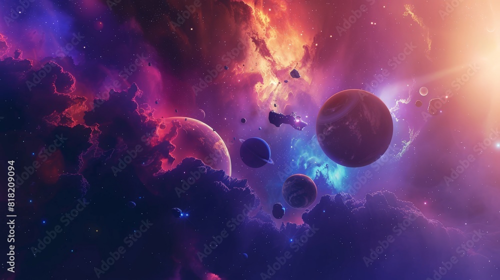 Poster colorful cosmic scene with planets and nebulae in vibrant hues. imaginative and surreal space backgr