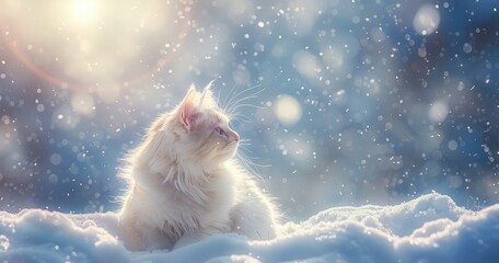 white longhair cat playing in the snow, winter landscape, blue sky, sun rays, snowflakes falling...
