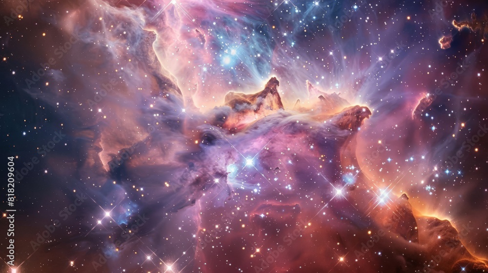 Poster Vivid and colorful cosmic nebula with bright star clusters. Perfect abstract background for science fiction and space exploration projects