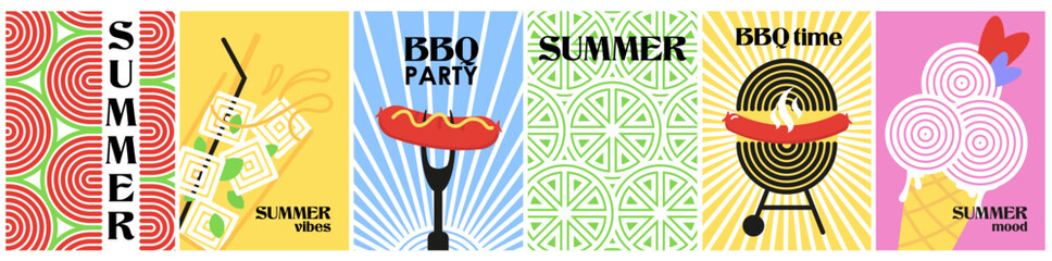 set summer abstract posters in minimal style. retro design line, sunny food covers