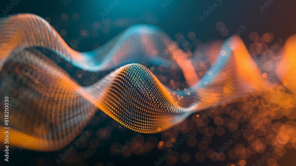 Poster dynamic orange and blue abstract waves with glowing particles. ideal for tech, energy, and futuristi
