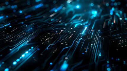 Fototapeta premium High-tech digital circuit board with blue neon lights. Ideal for technology, electronics, and futuristic designs