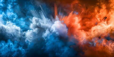 Patriotic red white and blue dust explosion background with American flag colors. Concept Independence Day, Fourth of July, Fireworks, American Pride, Patriotic Celebration