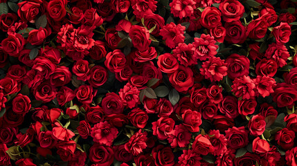Large Group of Red Roses With Green Leaves
