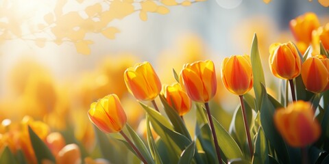 Bright yellow tulips against a blue sky. For banner or postcard printing. Generative AI