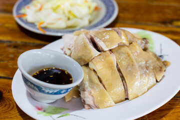 Steamed chicken on the plate in restaurant