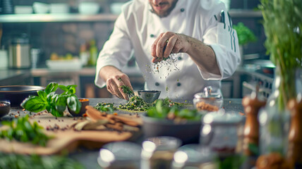 Professional chef prepare ingredient in kitchen at restuarant .