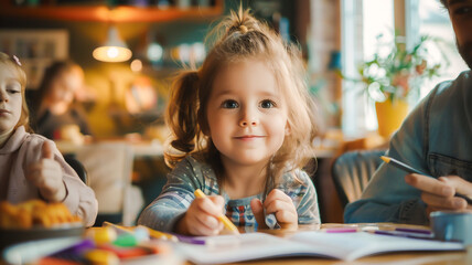 Happy Kid enjoy drawing on coloring book with colorful pencils .