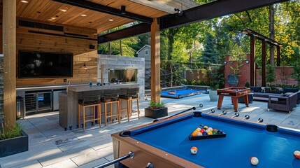 A stylish outdoor entertainment space featuring a pool table, bar area with high stools, foosball, and comfy seating. Trees and greenery add a refreshing touch to this spacious setup.