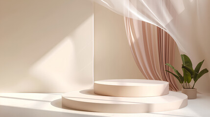 A beige 3D catwalk with a fluttering satin fabric in the air for a product presentation.