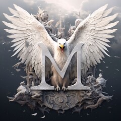 White eagle with wings in the shape of the capital letter M on the background of the ancient city.
