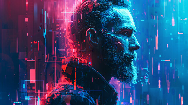 Portrait of a bearded man in a cyberpunk style, digital illustration