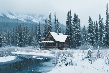 A peaceful cabin  during snowfall, A cozy cabin nestled in the middle of a snowy forest, AI-generated
