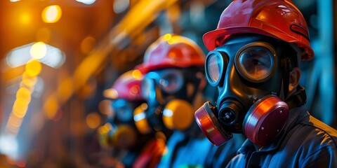 Technicians in gas masks evaluate toxic spills in industrial warehouses. Concept Industrial Warehouse Safety, Hazardous Spills, Gas Mask Protocols, Emergency Response Team, Technician Evaluations