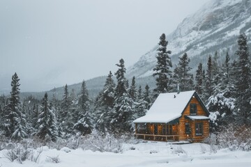 A peaceful cabin  during snowfall, A cozy cabin nestled in the middle of a snowy forest, AI-generated