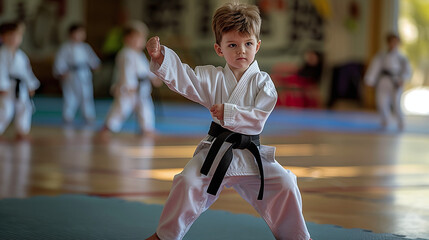 photography of little caucasian boy kid practicing karate in class