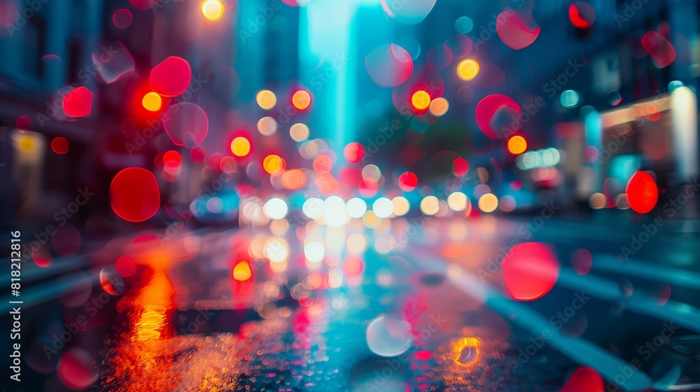 Poster Abstract city lights bokeh background with reflections on wet streets. Ideal for urban themes and night photography