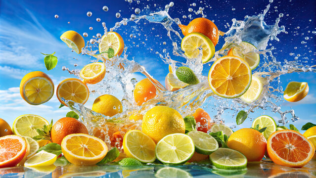 A medley of assorted fruits - oranges, lemons, and limes - tumbling into a pool of water, creating a refreshing splash against a serene blue sky