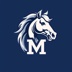 Horse head with letter M on blue background. Vector illustration.