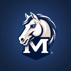 Horse head with letter M on a blue background. Vector illustration.