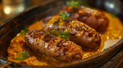 Pork sausage with curried sauce,