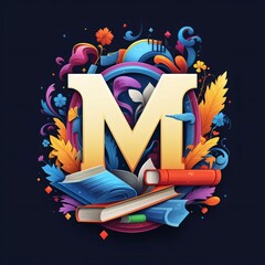 Vector illustration of letter M with colorful floral elements on dark background.